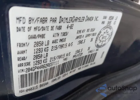 2002 Dodge Grand Caravan Sport из США, поврежденный, VIN 2B4GP44R62R697111